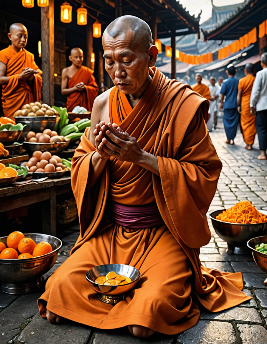 quality\(8k,wallpaper of extremely detailed CG unit, masterpiece,hight resolution,top-quality,top-quality real texture skin,hyper realisitic,increase the resolution,RAW photos,best qualtiy,highly detailed,the wallpaper,cinematic lighting,ray trace,golden ratio\), BREAK ,sunrise, still dim early morning, a \(wearing orange monkobe, holding a golden bowl covered with orange cloth,standing\) is reciting sutras and praying for the old lady at a morning market in Thailand, an old lady\(white headed\) is kneeling and holding hands in front of the monk,