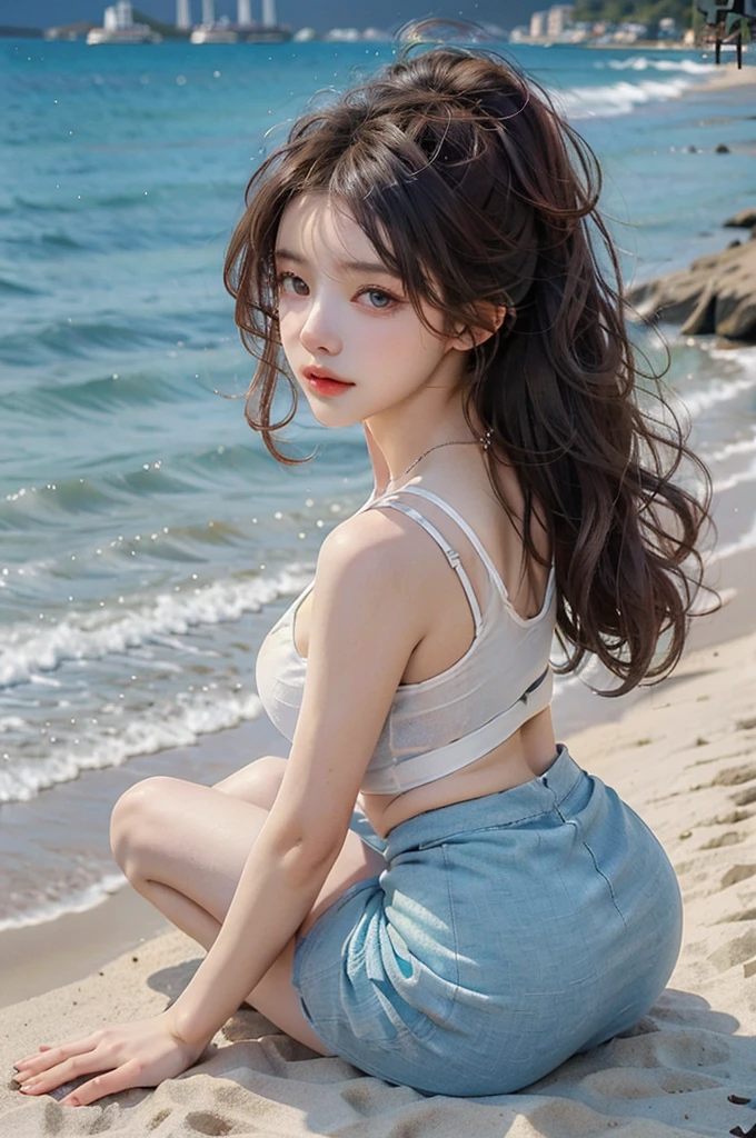 Blue Skirt，Big Ass，Large Breasts, whole body，Delicate and beautiful eyes,High-definition quality, Realistic details, Official Art, masterpiece, Unity 8k Wallpaper, Ultra Detailed, 美丽的masterpiece, Top quality, sweet and cute, Long brown hair, curls，Beach，Facing the audience，bend over