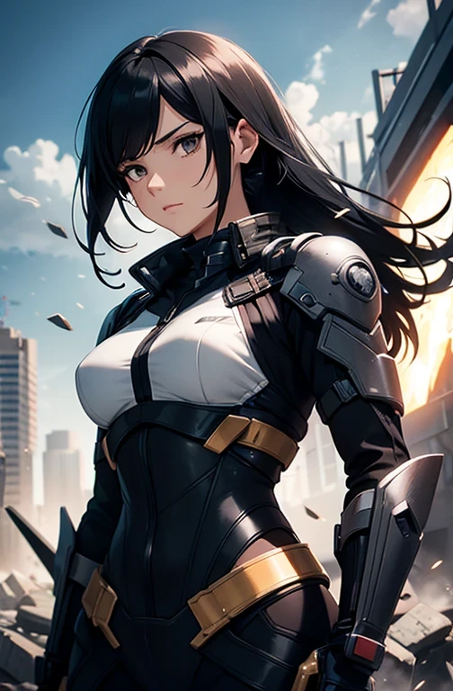 1 person, Beautiful, wild black hair, In Battle Suit, masterpiece, 4K, top quality, very detailed, official art