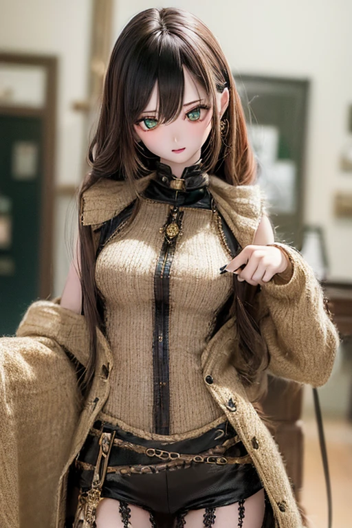 photorealistic, realistic photo, ((highest quality)), ((masterpiece)), detailed, kukolnydom, doll, (mature woman, 22yo, 22 years old:1.6), solo, ((cowboy shot, dynamic pose, skinny, slender, slim)), (parted lips), green eyes, brown hair, (looking at viewer, gradient eyes, shining eyes, detailed eyes, detailed face:1.3), dress, museum, 8k