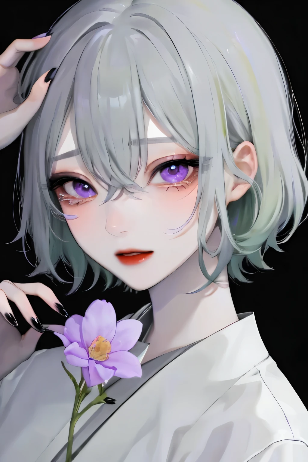 one girl,One,flower,short hair, light green hair、purple eyes,View Viewer,black nails,Black background,holding hair,lips parted,holding,bang,ヒヤシンス flower,upper body,Manicure,shirt,White hair,white shirt,hair between eyes,simple background,Gray nails,grey eyes,compensate,CT style,Beautiful eyes,kimono、Black and white image quality、bright red lips、whine、Tears、sad、beautiful fingers
