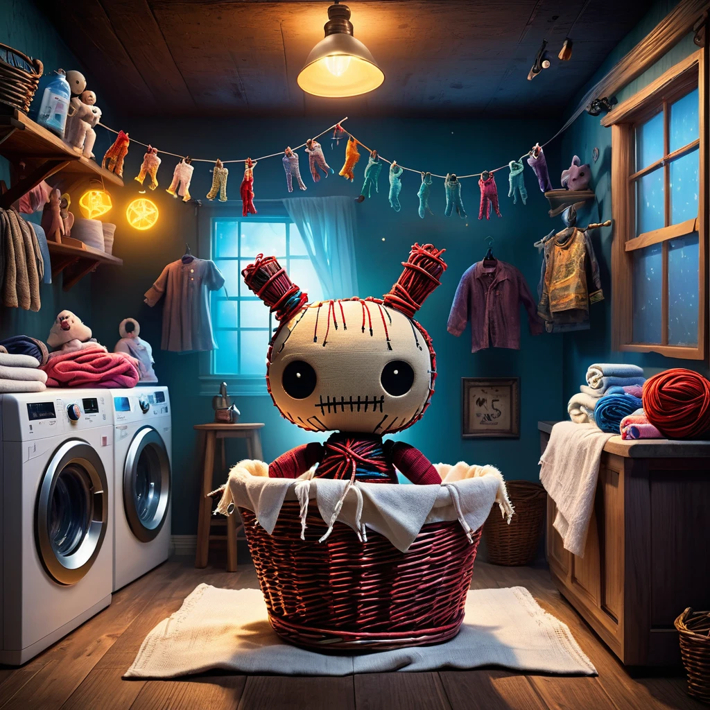 (knitted toy voodoo doll:1.7), (Voodoo Laundry Day:1.3), (Clothing: Casual outfit:1.0), (Accessories: Enchanted laundry basket that emits sparks of cleanliness magic, ghostly clothes floating in the air:1.1), (Background: Mystical laundry room with washing machines, glowing detergent bottles, and ghostly clotheslines:1.2), best quality, masterpiece, detailed soft oil painting, detailed background, dramatic cinematic lighting, soft edge lighting, professional, dramatic lighting, hard edge lighting, ultra quality, 4k, masterpiece, best quality, 8k, ultra high definition, high resolution, extremely detailed
