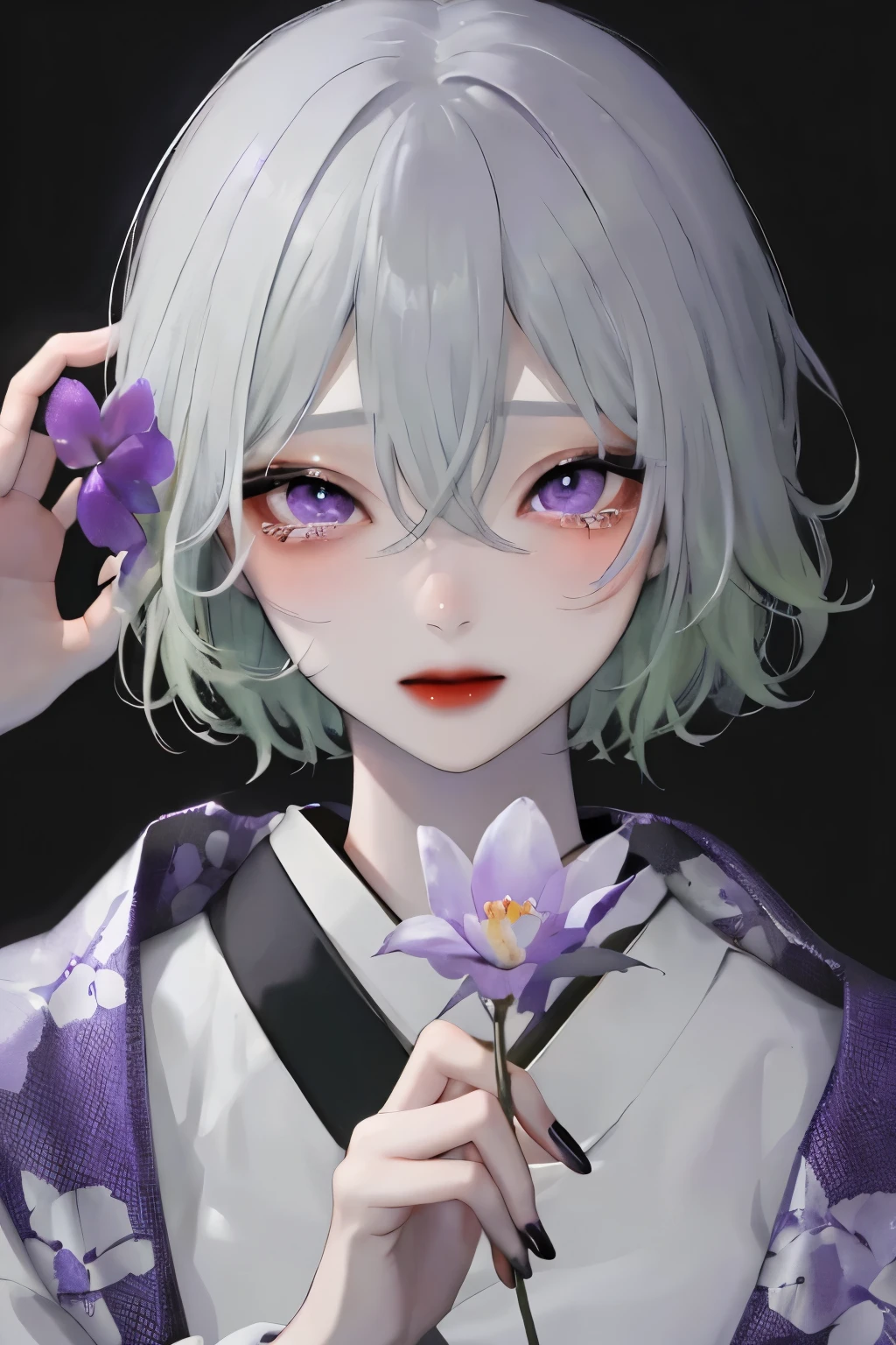 one girl,One,flower,short hair, light green hair、purple eyes,View Viewer,black nails,Black background,holding hair,lips parted,holding,bang,ヒヤシンス flower,upper body,Manicure,shirt,White hair,white shirt,hair between eyes,simple background,Gray nails,grey eyes,compensate,CT style,Beautiful eyes,kimono、Black and white image quality、bright red lips、whine、Tears、sad、beautiful fingers