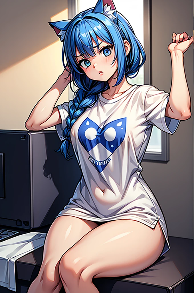 1 female, small kid cat girl, realistic lips oversized white t-shirt going all the way to the thighs, arms crossed propping up breast, hourglass figure, white eyes, french braid, blue hair, annoyed, cat ears, in an apartment, best quality
