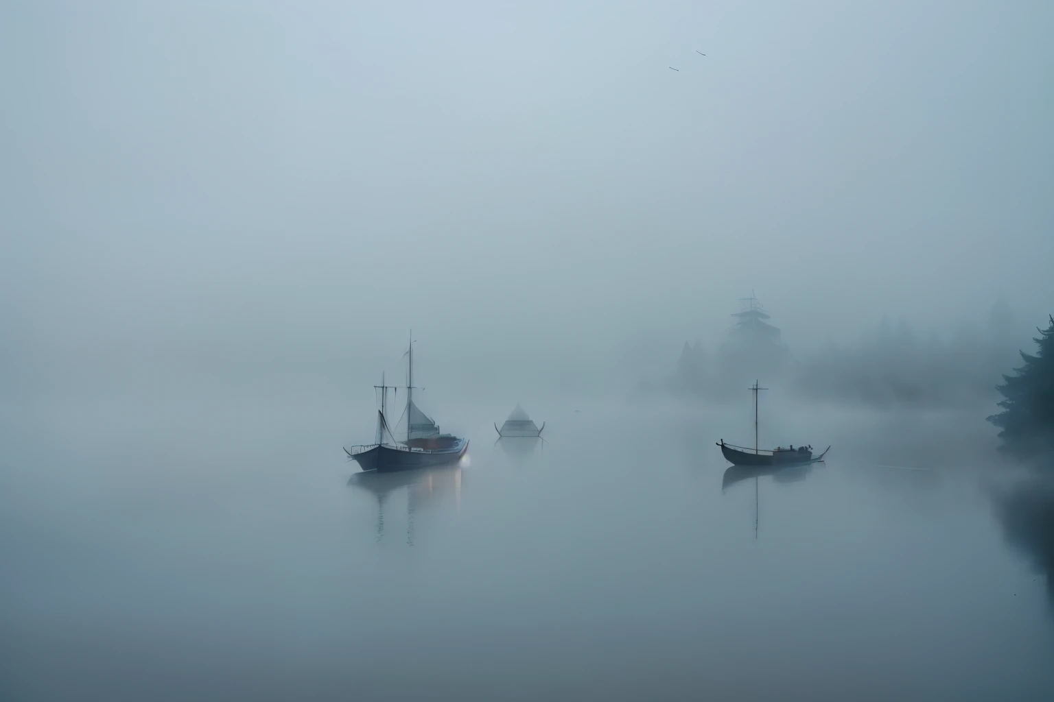 There are many boats floating on the water in foggy weather, floating in mist, On the misty lake, in the morning mist, Fog on the water, mist, (mist), 3 boat in river, Gray foggy sky, shrouded in mist, floating in a misty daze, Mysterious fog, mysterious mist, Gloomy and foggy atmosphere, Foggy weather atmosphere