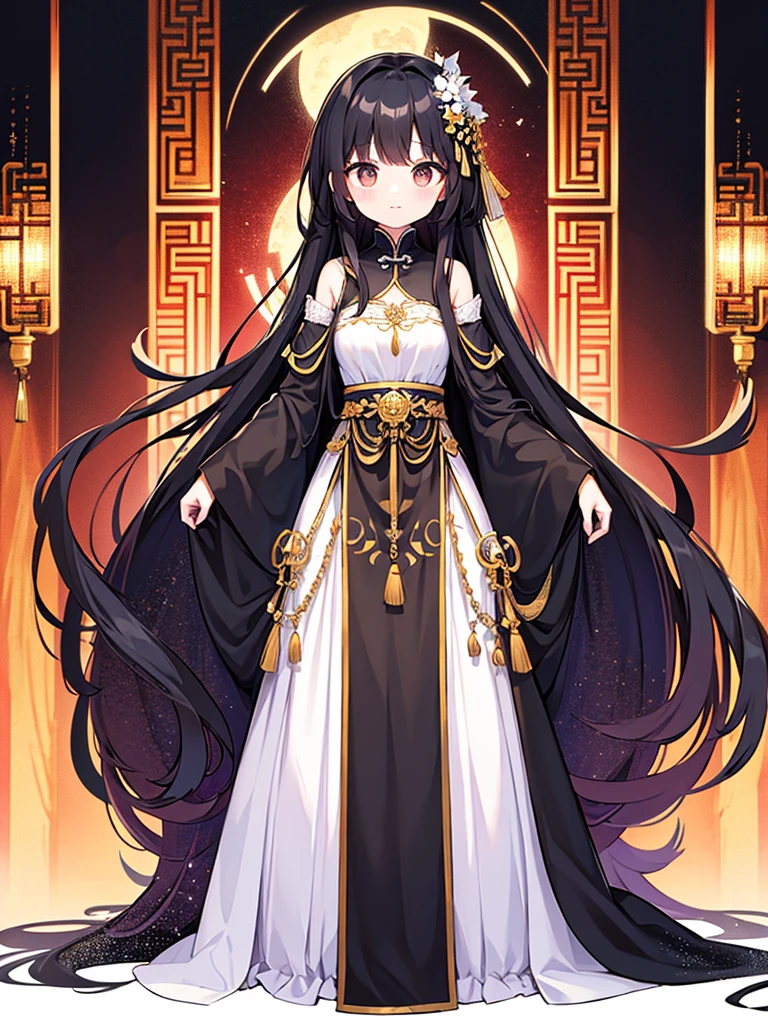 Full-body portrait、Are standing、Black Hair、Messy hair、Very long hair、Long Hair、A revealing black Chinese curtain dress