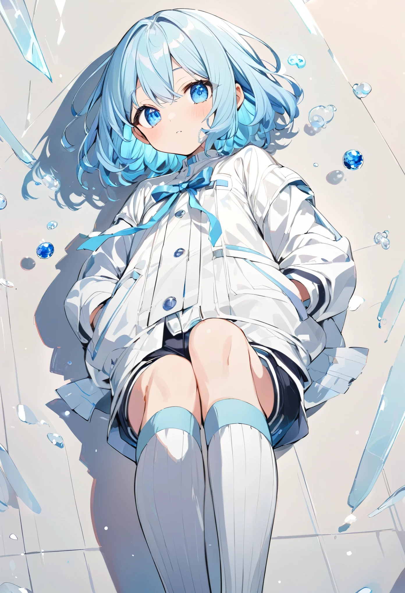 Close one eye, Wink((Highest quality)), ((masterpiece)), ((Ultra-detailed)), (Very delicate and beautiful), With a girl, solo, Cold attitude,((Black jacket)),She is very(relax)with(Calm)Appearance,Depth of written boundary,Wicked Smile,bubble, Air bubbles,bright light blue eyes,Light grey hair with light blue tips and inner color,,,Cold Background,Bob Hair - Line Drawing, Shorts、Knee-high socks、Like a white uniform 、Light blue ribbon tie、The clothes are transparent、Put your hands in your pockets、Eyes as bright as sapphires,Frontless Blue, A small blue light was floating、Great eyes
