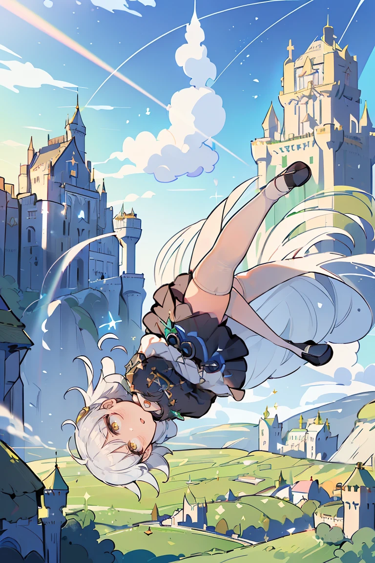 (masterpiece, best quality:1.2), 1girl, black choker, black footwear, blue dress, blush, choker, collarbone, dress, frilled dress, frills, long hair,long sleeves, looking at viewer, pantyhose, shoes, solo, swept bangs, off-shoulder sleeves, belt, nun, blue clothes, (white legwear, white tights, single thighhigh, thighhighs:1.55), monk clothes, monk, sister clothes, (one side up:1.55), background with((celtic, Ireland, scotland, fantasy, beautiful sky, shining sky, sunshine, castle:1.55))