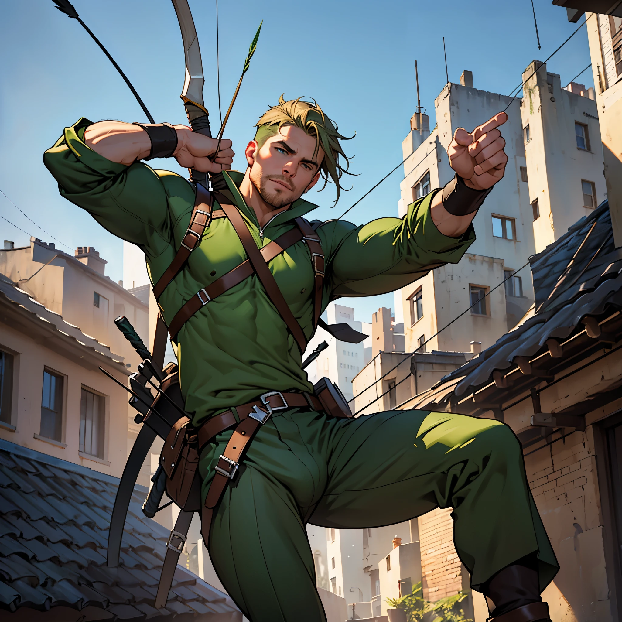 In movement ,in action , 8k, high quality , very well detailed face , detailed fingers ,detailed muscles, detailed background, stephen amell as green arrow , wearing dark green outfit, showing a dark blond short hair WITH FADE AWAY , a well groomed facial hair , a bulge ,hunk and handsome, using his bow and arrow , aiming with his bow and arrow toward the ennemy,in action , jumping from roof to roof , in the air , with the quiver on his back full of arrows, background cityscape at DAY LIGHT