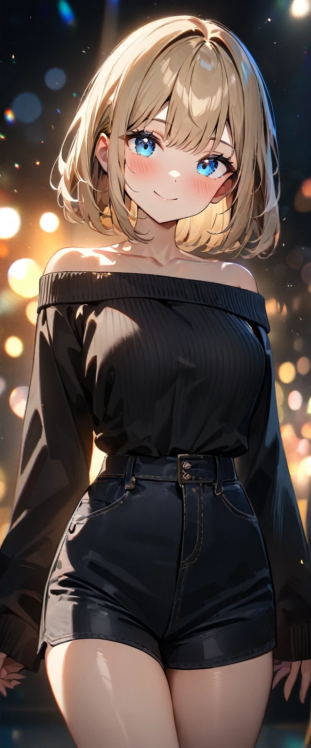 (((One girl))), blond hair, bob cut, breasts, from front, (cowboy shot), (looking at viewer), ((black shorts)), ((off-shoulder black sweater)), hand on own hip, face in focus, ager, head tilt:1.3, (((blue eye))), ((happy smile)), ((blush)), ((sleeves past wrists)), anime style, (best quality, 4k, 8k, highres, masterpiece:1.2, ultra-detailed, ultra-detailed eyes, HDR, UHD, studio lighting, ultra-fine painting, sharp focus, physically-based rendering, extreme detail description, professional, vivid colors, bokeh)