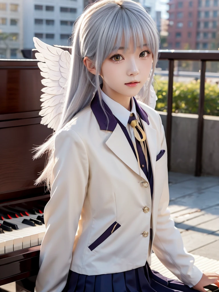 (Highest quality、4K、8K, masterpiece:1.3), Ultra detailed face, Detailed lips, Detailed eyes, double eyelid,
BREAK,
(extreme close up:1.5), (from front:1.25),
BREAK,
1girl, 18 years old, short height, tachibana kanade, silver hair, short height,
BREAK
(yellow eyes), white hair, long hair, bangs, hair pulled back,
BREAK,
looking at viewer, ((playing piano)),
photo background, photo inset, dusk, outdoors, spring, wind, falling petals, sunlight, skyline,
BREAK
schooluniform, jacket, blazer, long sleeves, neck ribbon, gem, necklace, pleated skirt, kneehighs, loafers,
(((Big angel wings spread wide on the back))),