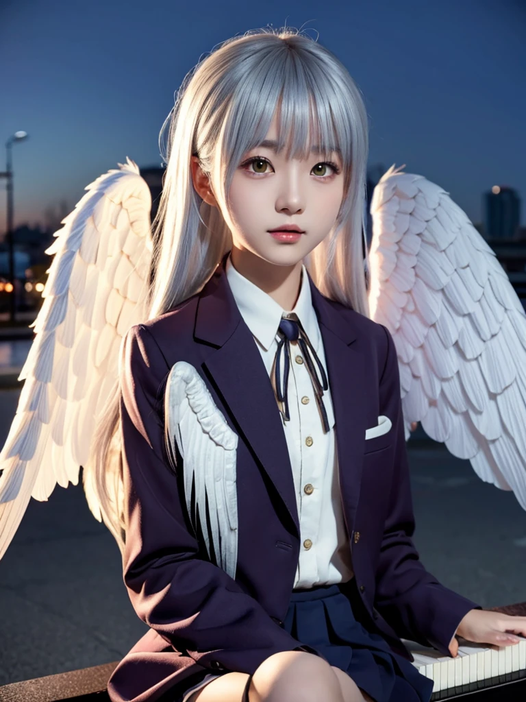 (Highest quality、4K、8K, masterpiece:1.3), Ultra detailed face, Detailed lips, Detailed eyes, double eyelid, 
BREAK, 
(extreme  close up:1.5), (from front:1.25),
BREAK,
1girl, 18 years old, short height, tachibana kanade, silver hair, short height, 
BREAK
(yellow eyes), white hair, long hair, bangs, hair pulled back,
BREAK,
looking at viewer, ((playing piano)),
photo background, photo inset, dusk, outdoors, spring, wind, falling petals, sunlight, skyline, 
BREAK
schooluniform, jacket, blazer, long sleeves, neck ribbon, gem, necklace, pleated skirt, kneehighs, loafers,
(((Big angel wings spread wide on the back))),
