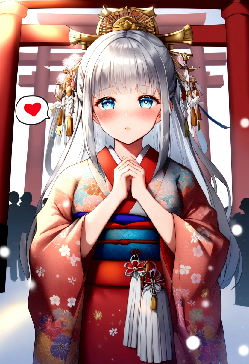 ((Worst quality, low quality)), ((girl)), alone, (close:1.3), (Face Focus:1.4), ((Half Up, Silver Hair)), Clear eyes and plump, Fuller lips, Beautiful light blue eyes):1.2), Spoken Word Heart, I fold my hands in front of my chest and pray., (Perfect hands:1.3), (Traditional clothing of Japan:1.2), (Wear a kimono with a floral pattern, Delicate and detailed embroidery:1.3), Embarrassing, Standing Ceremony, View your viewers, Tilt your head, (it's snowing:1.5), (Particles of light, Shine of light:1.4), (( Fantastic Japanese torii gate illuminated background)), High angle shot, Pieces fly, Highest quality, Very detailed,