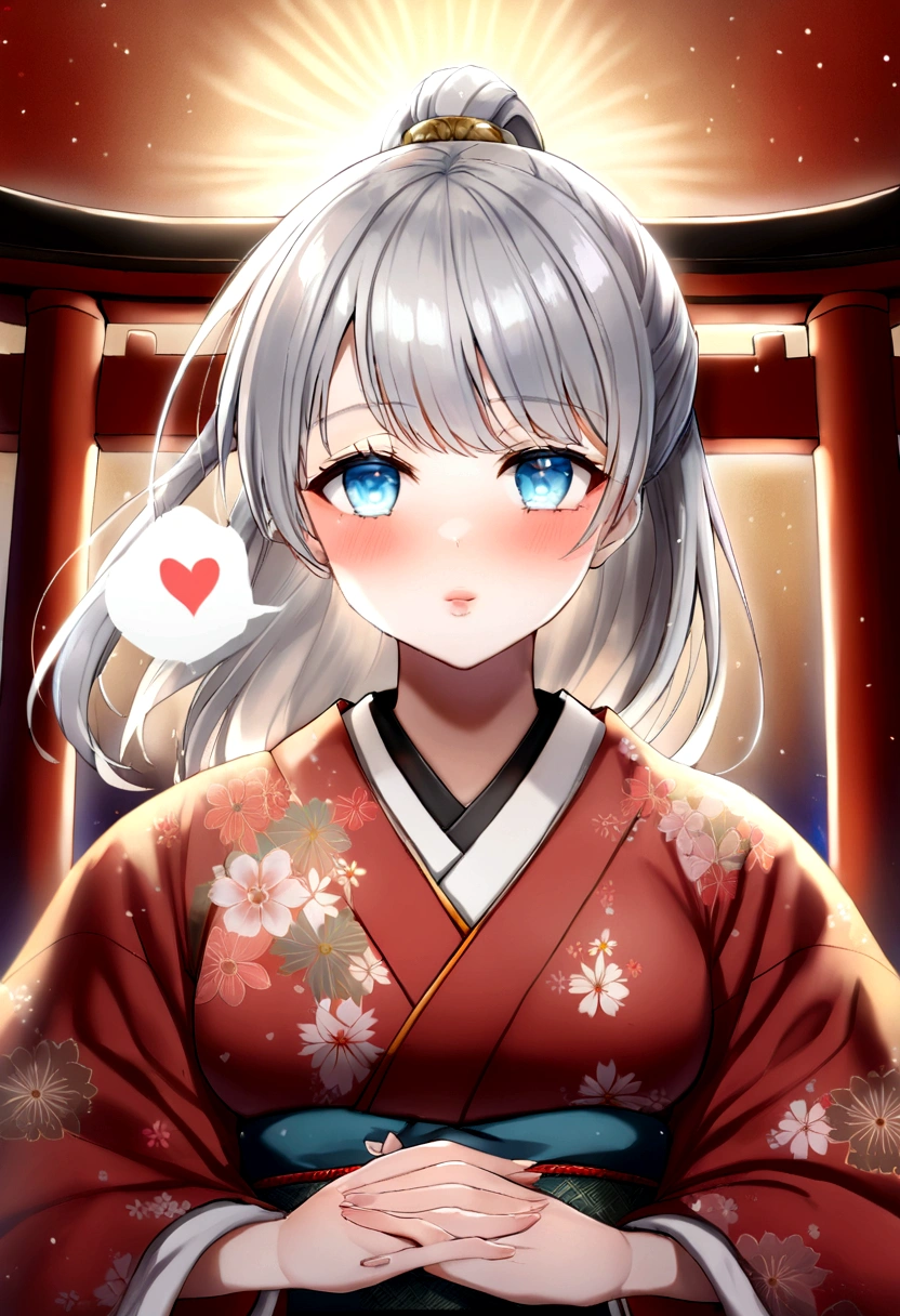 ((Worst quality, low quality)), ((girl)), alone, (close:1.3), (Face Focus:1.4), ((Half Up, Silver Hair)), Clear eyes and plump, Fuller lips, Beautiful light blue eyes):1.2), Spoken Word Heart, I fold my hands in front of my chest and pray., (Perfect hands:1.3), (Traditional clothing of Japan:1.2), (Wear a kimono with a floral pattern, Delicate and detailed embroidery:1.3), Embarrassing, Standing Ceremony, View your viewers, Tilt your head, (it&#39;s snowing:1.5), (Particles of light, Shine of light:1.4), (( Fantastic Japanese torii gate illuminated background)), High angle shot, Pieces fly, Highest quality, Very detailed,