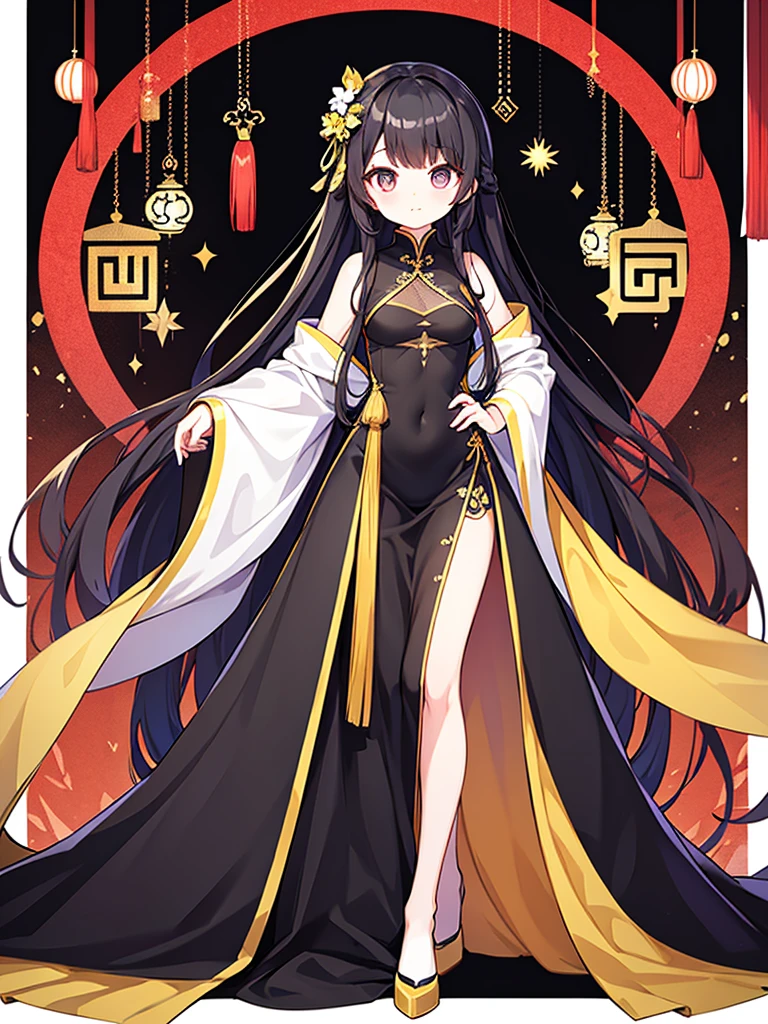 Full-body portrait、Are standing、Black Hair、Messy hair、Very long hair、Long Hair、A revealing black Chinese curtain dress