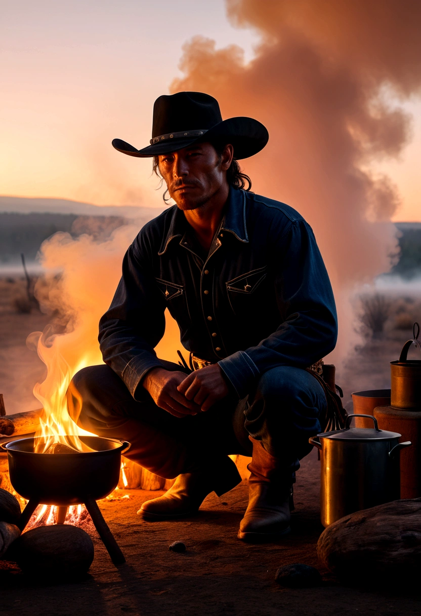 a portrait of the wild west era cowboy, squatting in front of the fire cooking water, iconic Marlboro stance, (silhouette transparency 0.5) dawn scenery with fog and mist, side view, epic realism, extremely detailed, 8k