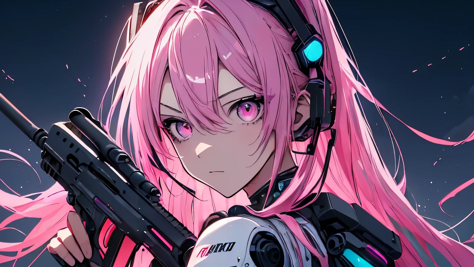 (masterpiece), Highest quality, Ultra-high resolution,hatsune miku, Vocaloid, beautiful, Detailed face, Pink Hair, Pink Eyes, Pink Art, colorful, bright, whole body、fight、strong、gun、(Confident expression:1.3)、battlefield、Armament、Cyberpunk Girl, (Gripping a high-tech rifle:1.3)、Stand up、Fantasy、cool、Glowing background、Illumination