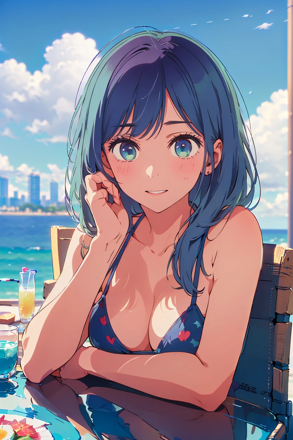 (Highest quality:1.4、masterpiece:1.4、Super detailed:1.4、8K:1.4)、F cup bust、Big Breasts、Slim body、((((1 person、Surprised expression、sit、Chair、In the background are the urban buildings of Tokyo、looking at the camera、Outdoor café terrace、coastal、Navy hair color、juice、table、Shooting up close、Very cute face))))、(Pose of putting hair behind ears with hands:1.4、Cheek resting on hand:1.4)、((nude、Areola、bikini))、Very blue sky、A completely cloudless sky、Big eyes、((((Shallow depth of field))))、Pink Lips