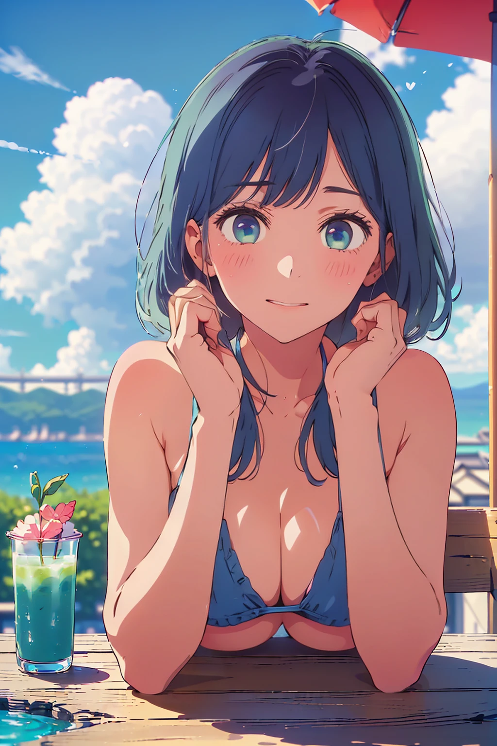 (Highest quality:1.4、masterpiece:1.4、Super detailed:1.4、8K:1.4)、F cup bust、Big Breasts、Slim body、((((1 person、Surprised expression、sit、Chair、In the background are the urban buildings of Tokyo、looking at the camera、Outdoor café terrace、coastal、Navy hair color、juice、table、Shooting up close、Very cute face))))、(Pose of putting hair behind ears with hands:1.4、Cheek resting on hand:1.4）、((nude、Areola、bikini))、Very blue sky、A completely cloudless sky、Big eyes、((((Shallow depth of field))))、Pink Lips