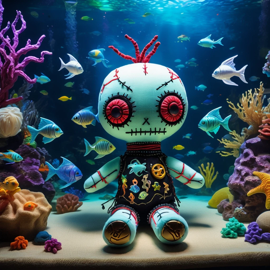 (knitted toy voodoo doll:1.7), (visit to voodoo aquarium:1.3), (clothes: casual outfit with glowing fish symbols:1.0), (accessories: enchanted aquarium emitting sparks of sea magic, floating ghostly sea creatures:1.1), (background: mystical aquarium with floating tanks, glowing water and ghostly sea life:1.2), best quality, masterpiece, detailed soft oil painting, detailed background, dramatic cinematic lighting, soft edge lighting, professional, dramatic lighting, hard edge lighting, ultra quality, 4k, masterpiece, best quality, 8k, ultra high definition, high resolution, extremely detailed