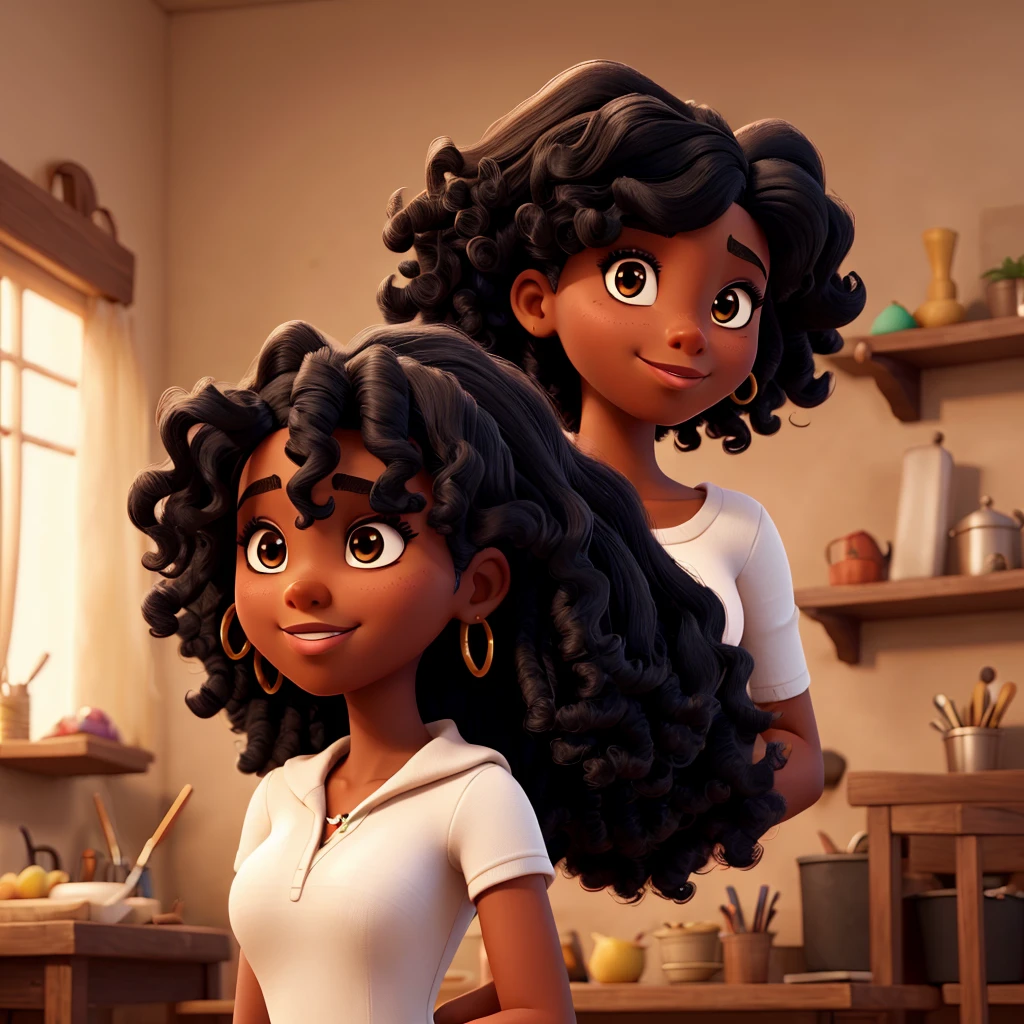 Can you draw a beautiful black woman with super long 3a curls in the artstyle of disney encanto.