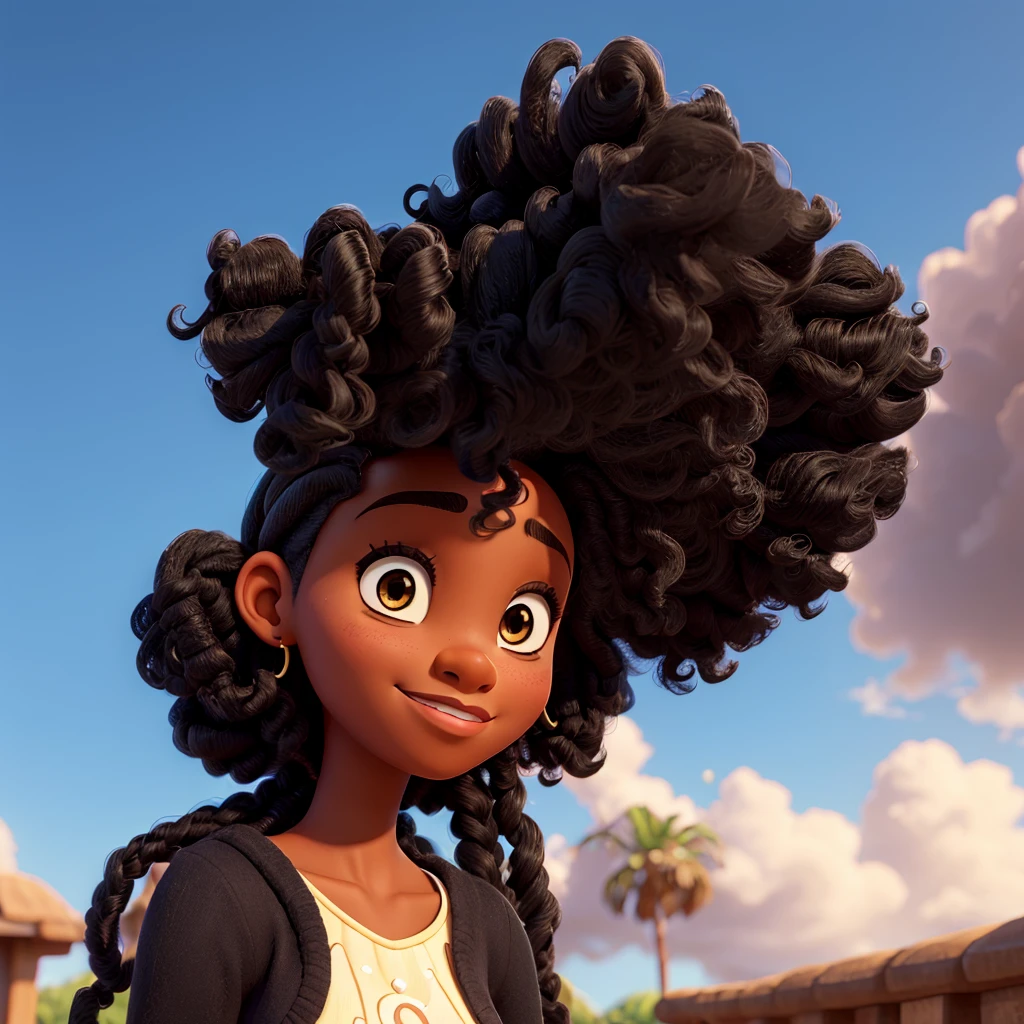 Can you draw a beautiful black woman with super long 3a curls in the artstyle of disney encanto.