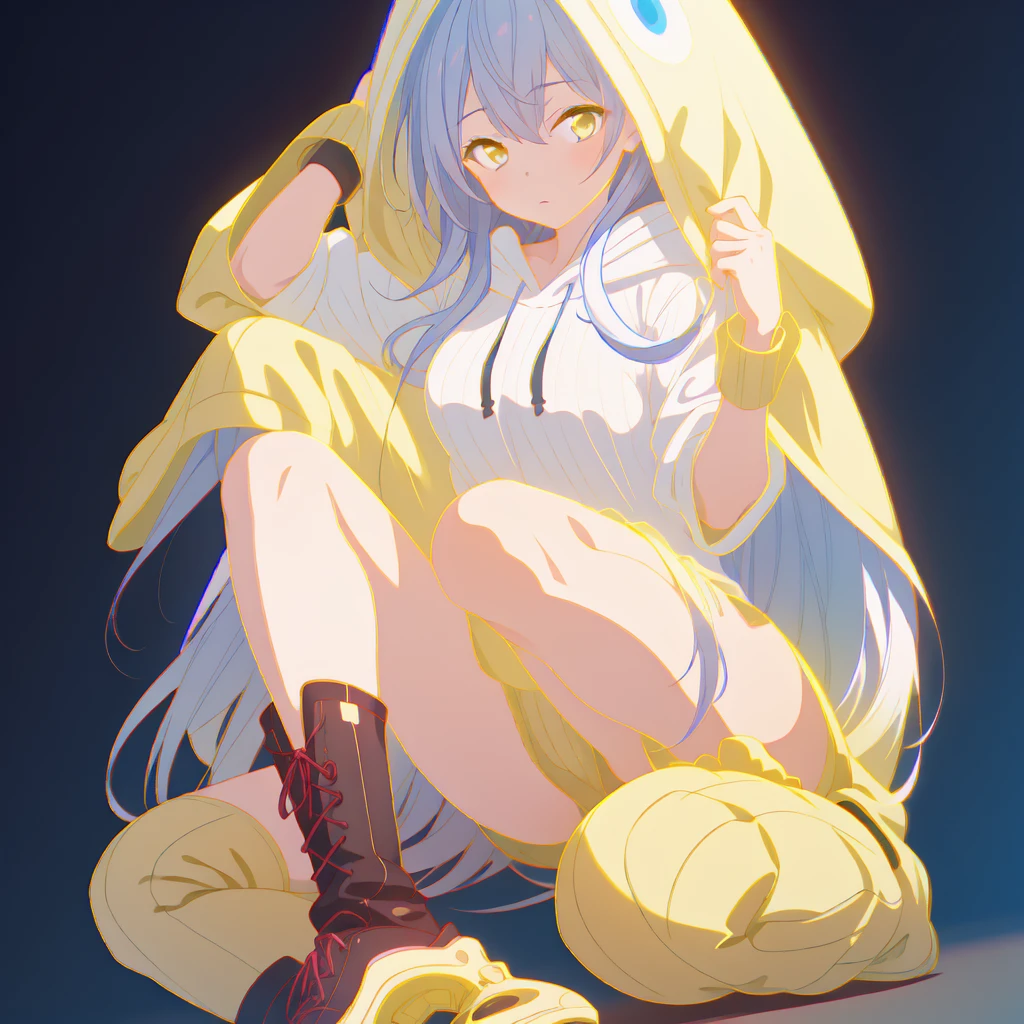 (Highest quality, masterpiece, High resolution),One Girl,alone,milky, Blue gradient straight long hair,Hooded_Tracking_Oversized hoodie with ribbed hem and cuffs、Knee-high boots,alone focus,Simple Background, Yellow line,