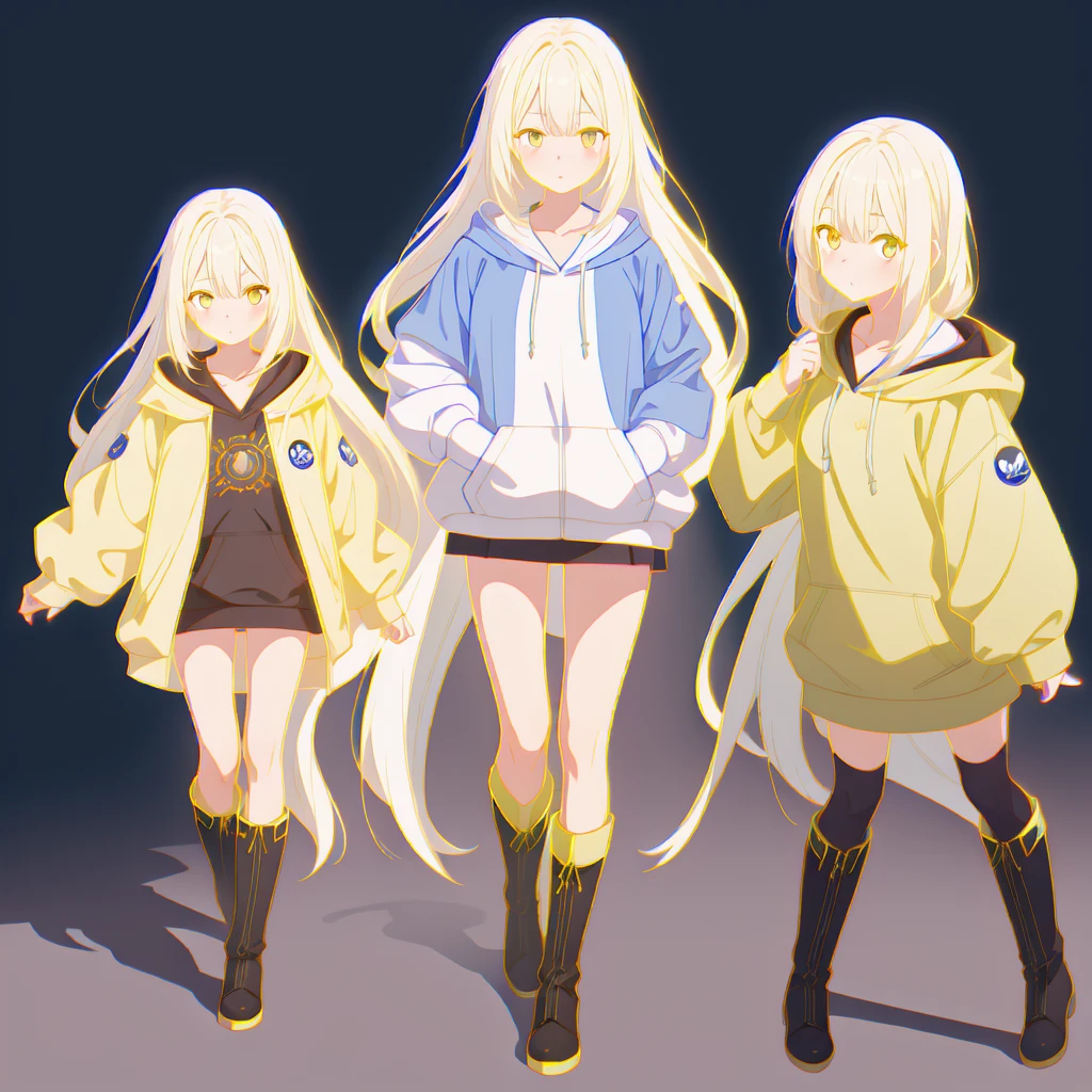 (Highest quality, masterpiece, High resolution),One Girl,alone,milky, Blue gradient straight long hair,Hooded_Tracking_Oversized hoodie with ribbed hem and cuffs、Knee-high boots,alone focus,Simple Background, Yellow line,