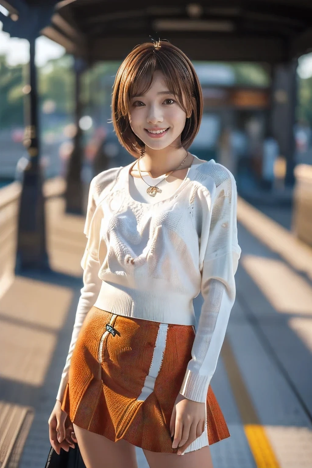 (Standing on the station platform:1.5)、(A kind smile:1.5)、(18-year-old female:1.5)、(The best quality at its best:1.4), (Super detailed), (Very detailed CG unified 16k), Beautiful woman with perfect figure: 1.4, Sharp focus: 1.2, Very detailed, High-quality RAW color photos, Professional photography, Great face and eyes, cosmetics, (Amazingly beautiful girl), ((White summer knit with black tight skirt:1.5)), Realistic movie faces, Full body long view from head to toe, Realistic, ((Realistic natural orange red hairstyle)), ( Short Bob Hair:1.5), (necklace:1.5)、, Very beautiful face, Perfect model beauty, Mouth swelling, Highly detailed face and skin texture, Fine grain, double eyelid, Medium chest, (masterpiece), Highest quality, High resolution, Very detailed, Blurred Background, Depth of written boundary, Cinema Lighting, Great legs, , Clear, well-maintained skin,((Full body shot from head to toe:1.5))