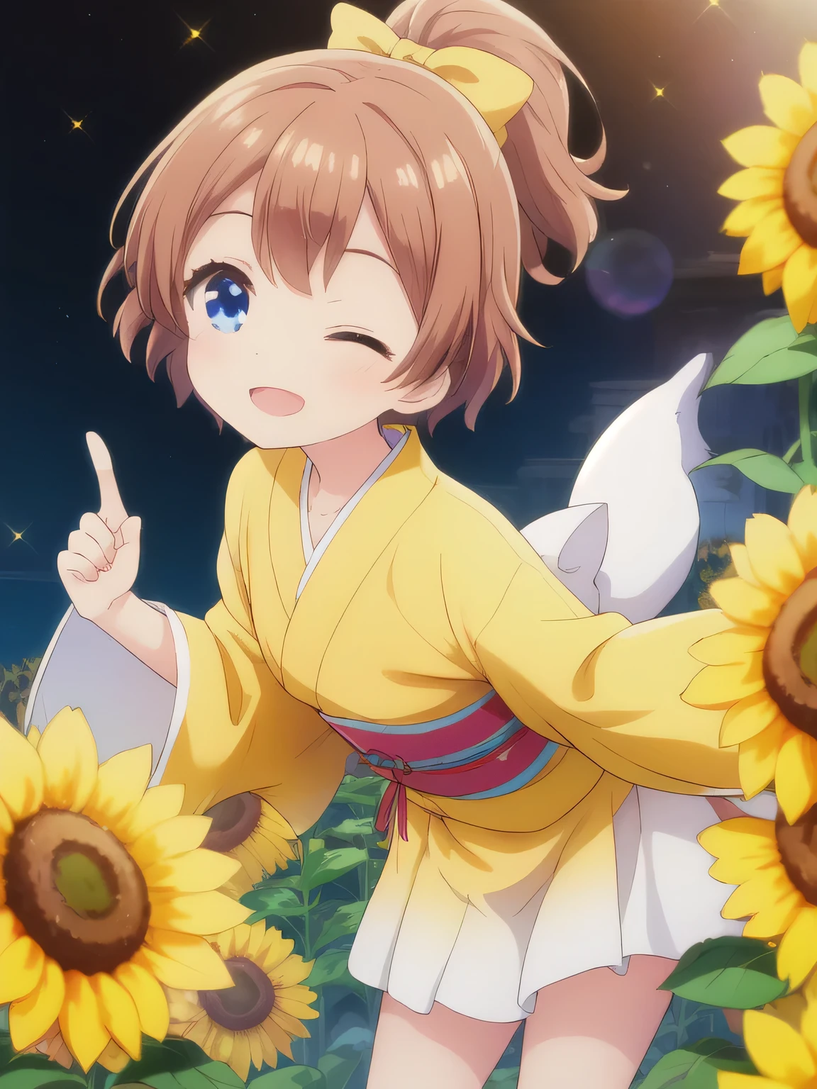 girl with,purple color  hair,Yellow eyes,Fluffy dresses,Autumn outfit,Autumn landscape,Colored leaves,Dress Sex,flower  field,full of sunlight,Upper Eyes,Smile while blushing,Leaning to the right,Several small birds are flying,Nipples are see-through,