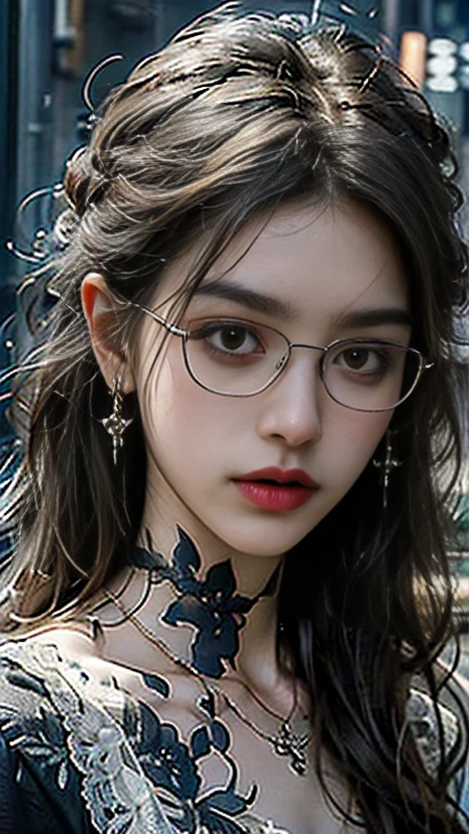 8K, ultra hd, masterpiece, (detailed), 1girl, (good face:1.4), hairstyle (color: red, length: short, curly with flowing small ringlets), face (heart-shaped, pale, dark brown eyes), glasses (wears thick-rimmed, old-fashioned glasses), background is white
