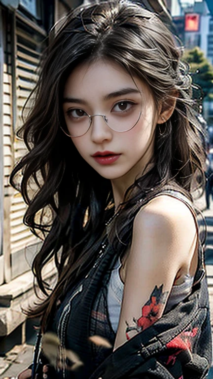 8K, ultra hd, masterpiece, (detailed), 1girl, (good face:1.4), hairstyle (color: red, length: short, curly with flowing small ringlets), face (heart-shaped, pale, dark brown eyes), glasses (wears thick-rimmed, old-fashioned glasses), background is white