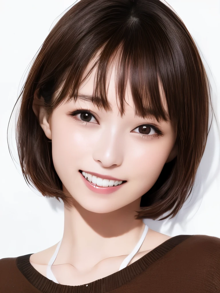(Highest quality、8K、32k、masterpiece)、(Realistic)、(Realistic:1.2)、(High resolution)、Very detailed、Very beautiful face and eyes、1 Girl、Round and small face、Tight waist、Delicate body、(Highest quality、Attention to detail、Rich skin detail)、(Realistic、Realistic:1.37)、Bright colors、(((Black Hair)))、(((Upper Body Shot)))、(((short hair)))、(((Fair skin)))、(((White wall background)))、(((White wall background)))、(((smile)))、(((touching your mouth)))、(((Brown sweater)))、(((Teeth are visible)))、(((Bra straps are visible、clavicle)))、(((Right hand in front of mouth)))
