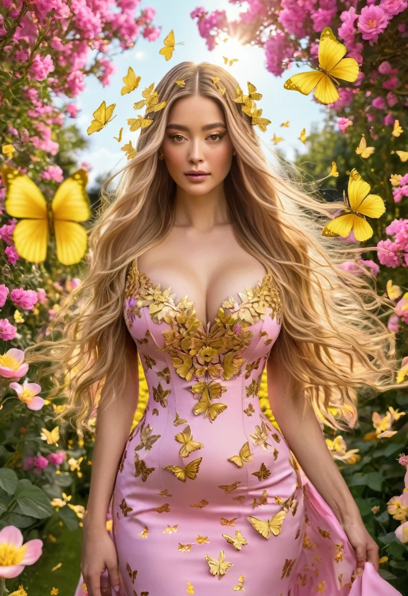 A woman with long hair and her hair has golden butterflies, your dress is pink with gold details, She is in a garden full of yellow flowers, she has very big breasts 