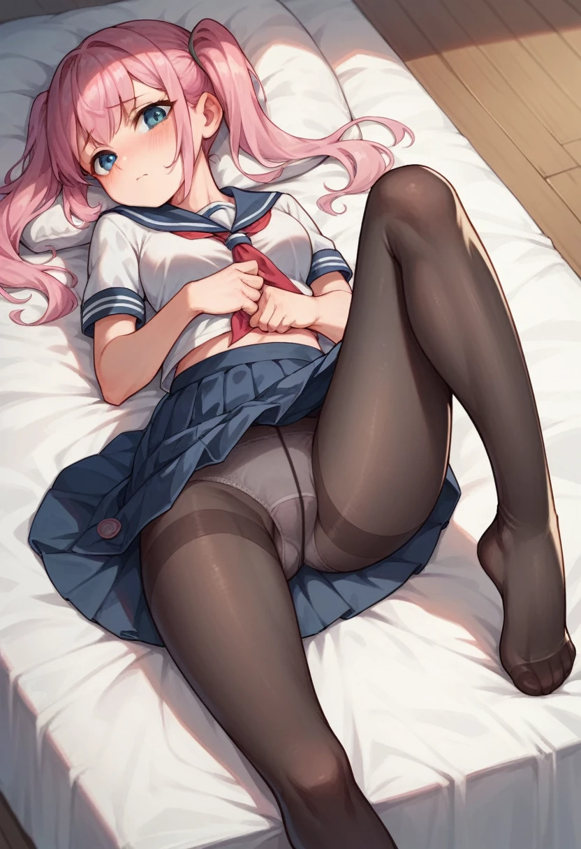 black pantyhose,li,sailor,skirt,cute,lying,,pink hair,twintails,,shy,medium breasts,panties under pantyhose