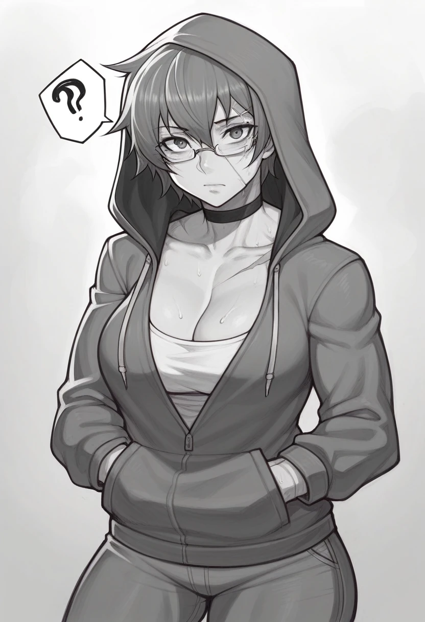 _asura style, 1girl, greyscale, monochrome, maki zenin, short_hair, solo, scar, hands_in_pockets, hood, choker, hoodie, breasts, ?, looking_at_viewer, burn_scar, large_breasts, thighs, scar_on_leg, scar_on_face, glasses, tomboy, muscular_female, sweat, closed_mouth, cleavage, hood_down