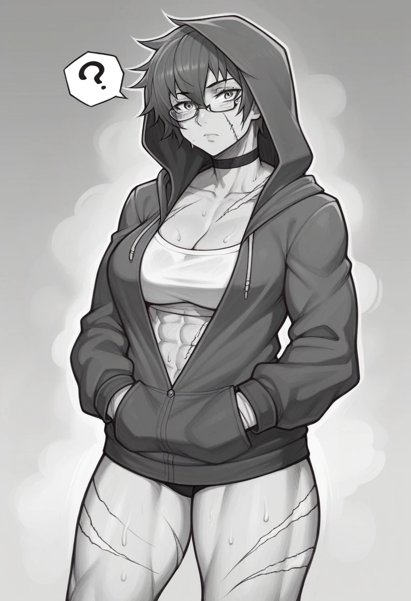 _asura style, 1girl, greyscale, monochrome, maki zenin, short_hair, solo, scar, hands_in_pockets, hood, choker, hoodie, breasts, ?, looking_at_viewer, burn_scar, large_breasts, thighs, scar_on_leg, scar_on_face, glasses, tomboy, muscular_female, sweat, closed_mouth, cleavage, hood_down