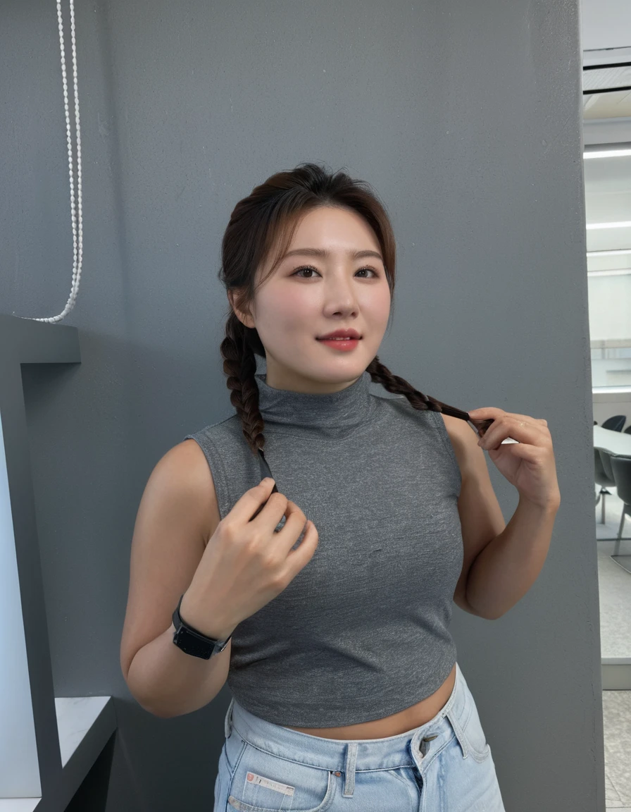 Best Quality, 8k, Masterpiece, (Portrait: 1.3), (photo realistic:1.4), (hyper realistic:1.4), Sharp Focus, looking at viewer, (smoother lighting:1.1), (increase cinematic lighting quality:0.9), realistic lighting, backlighting, light on face, ray trace, (brightening light:1.2), (Increase quality:1.4), sharp detail, (best quality real texture skin:1.4), finely detailed eyes, black_eyes, finely detailed face, 25 year old Korean woman, (white halterneck:1.4), (Create an image maintaining the original base model hairstyle:1.5)