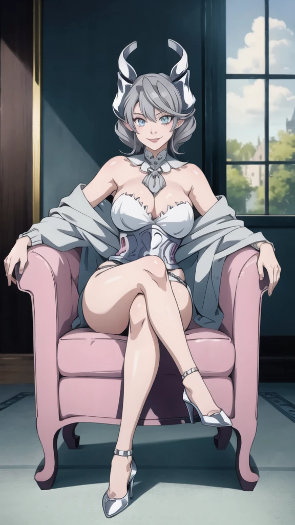  Outside castle top  High level image quality　best image quality　8K　 adult woman   silver castle outside  more colors   whole body view　portrait　 bikini   　horn    ears  　short hair（（shortcut）（gray hair）（perm）（fluffy））　eye color is blue ,  , 　attractive evil face , smile   ,  sexy pose   ,  labrynth ,  barearm    , wearing pink   , sitting on chair , crossed legs, view heels   , view side