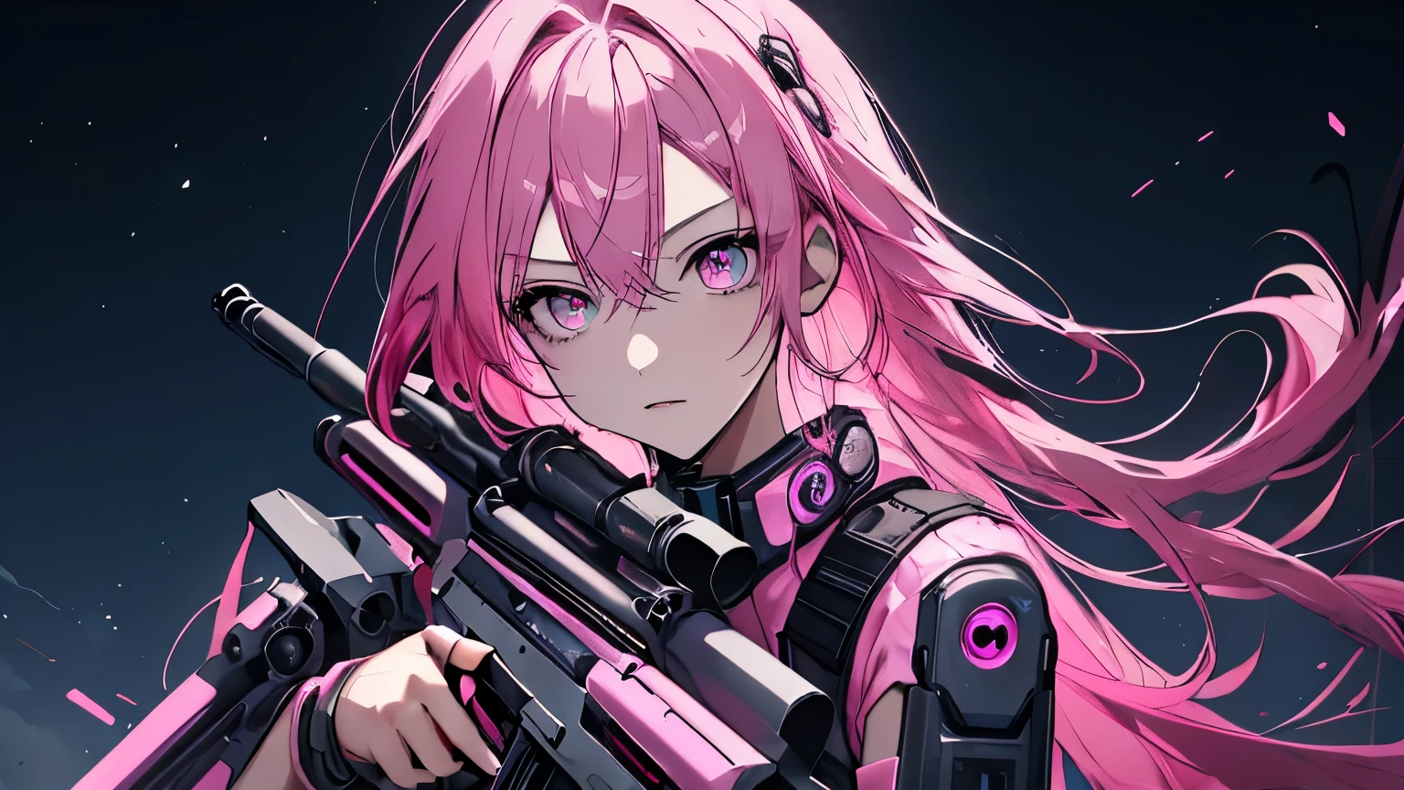 (masterpiece), Highest quality, Ultra-high resolution,hatsune miku, Vocaloid, beautiful, Detailed face, Pink Hair, Pink Eyes, Pink Art, colorful, bright, whole body、fight、strong、gun、(Confident expression:1.3)、battlefield、Armament、Cyberpunk Girl, (Gripping a high-tech rifle:1.3)、Stand up、Fantasy、cool、Glowing background、Illumination