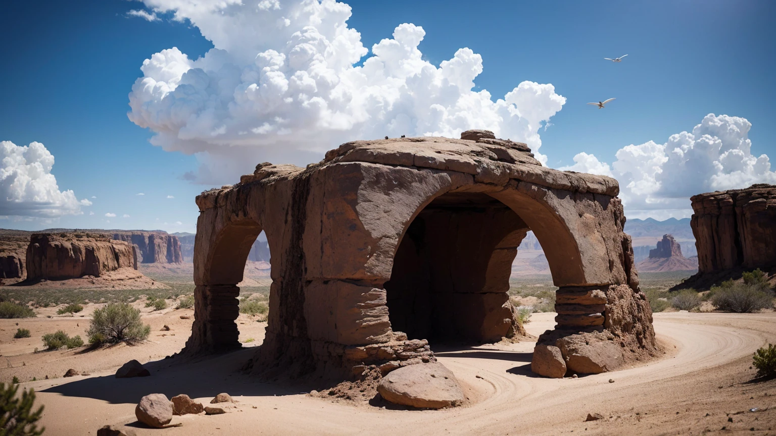 Masterpiece, ultra realistic, from the ground, a stargate in a rocky desert area, mini tornadoes in the distance.