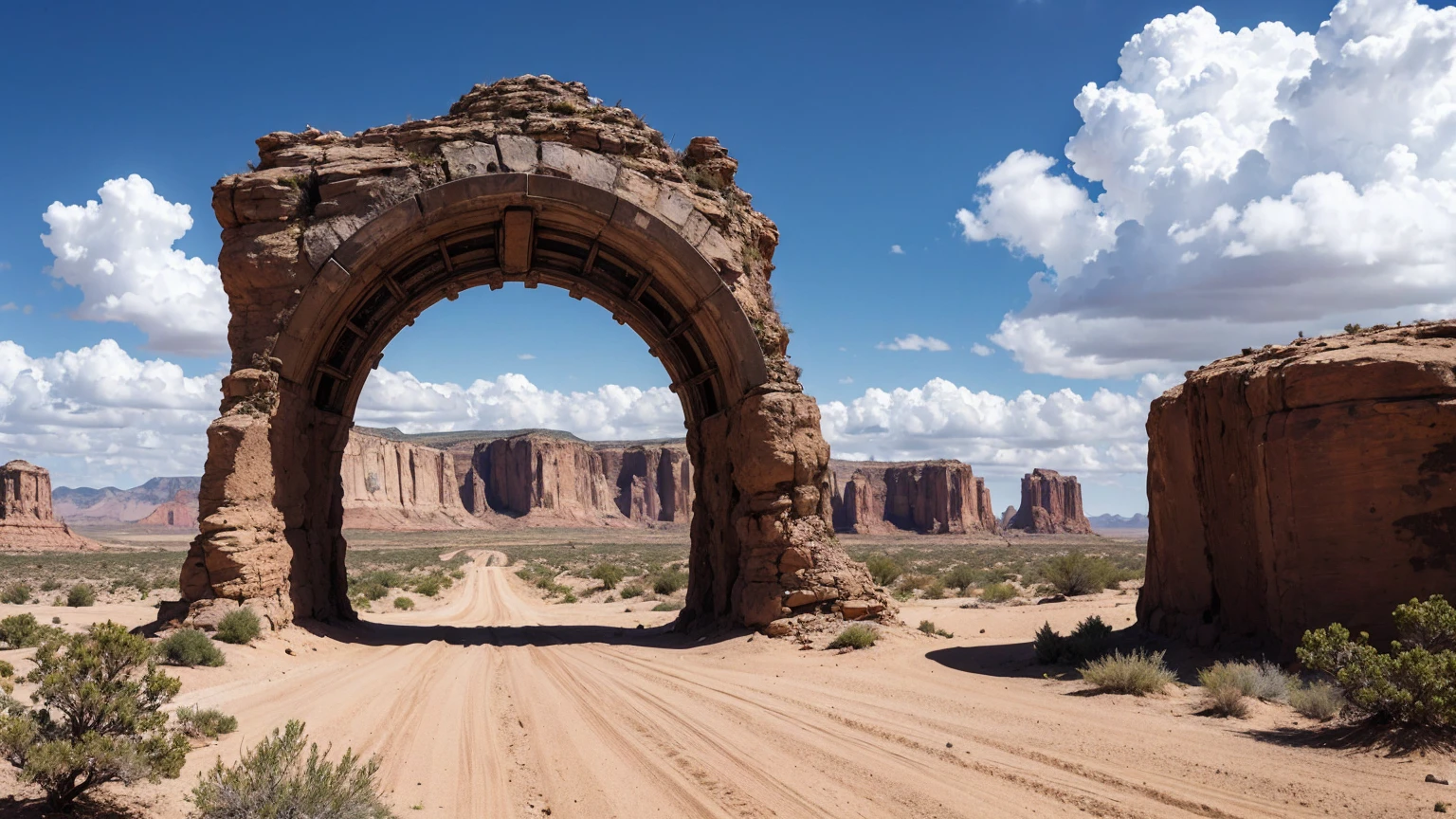 Masterpiece, ultra realistic, from the ground, a stargate in a rocky desert area, mini tornadoes in the distance.