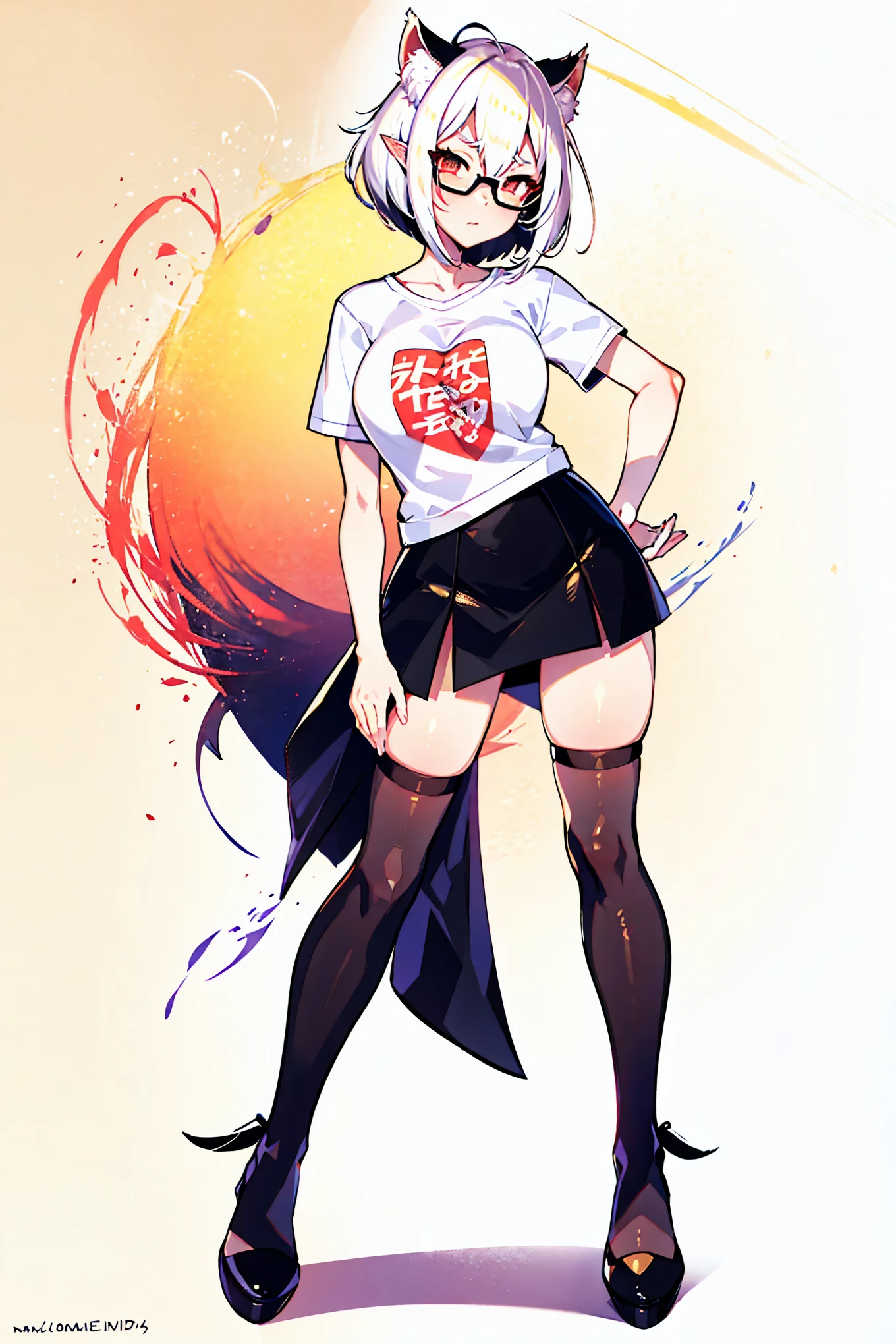 1 adult anime girl, hair color - white, hairstyle - bob, elven ears, stern eyes, eye color - red, glasses, embarrassed look, closed full mouth, face covered in sperm, bare breasts, T-shirt raised, white T-shirt, bulging breasts, miniskirt lifted, panties visible, tight panties, protruding vagina, stockings, high black heels, rich colors, studio light, natural light, lots of detail, high quality image, detailed eyes, random pose