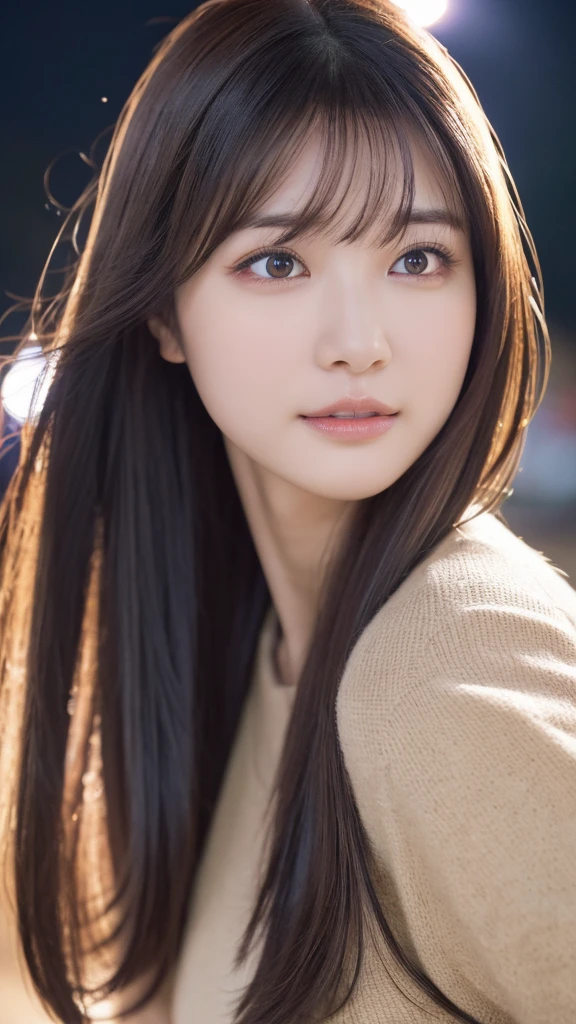 (Highest quality,masterpiece:1.3,Ultra-high resolution,),(Very detailed,Caustics),(Realistic:1.4,RAW shooting,)Ultra-Realistic Capture,Very detailed,High resolution 16K suitable for human skin、 Natural skin texture、、Skin tone is even and healthy looking、 Use natural light and color,One Woman,Japanese,,cute,Black-haired,Medium Hair,(Written boundary depth、chromatic aberration、、Wide range of lighting、Natural Shading、)、(Outdoor lighting at night:1.4)、(Hair swaying in the wind:1)、short hair、Outside in spring