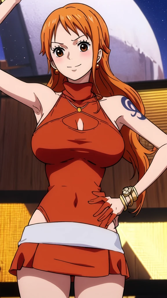 4k,hd,8k,cg,anime chisato,nami,solo, orange hair,brown eyes,long hair, jewelry,tattoo,bracelet, earrings, red dress,red sleeveless,red turtleneck,red sleeveless turtleneck dress,red miniskirt, bare shoulders,large breasts,cowboy shot,standing,lower body,outdoors,smile,closed mouth,blush, 