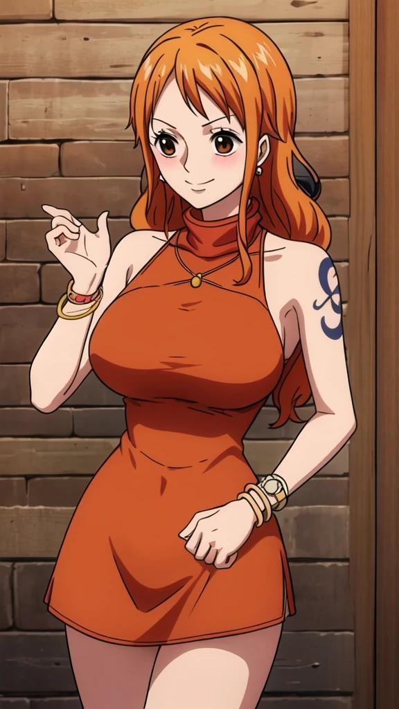 4k,hd,8k,cg,anime chisato,nami,solo, orange hair,brown eyes,long hair, jewelry,tattoo,bracelet, earrings, red dress,red sleeveless,red turtleneck,red sleeveless turtleneck dress,red miniskirt, bare shoulders,large breasts,cowboy shot,standing,lower body,outdoors,smile,closed mouth,blush, 