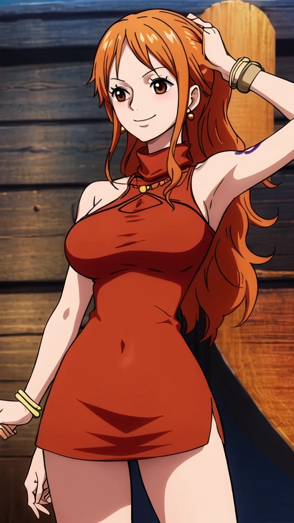 4k,hd,8k,cg,anime chisato,nami,solo, orange hair,brown eyes,long hair, jewelry,tattoo,bracelet, earrings, red dress,red sleeveless,red turtleneck,red sleeveless turtleneck dress,red miniskirt, bare shoulders,large breasts,cowboy shot,standing,lower body,outdoors,smile,closed mouth,blush, 