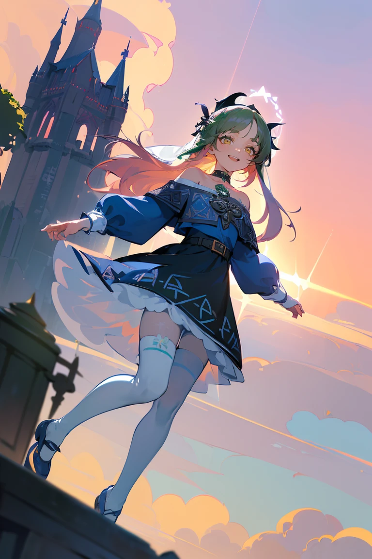 (masterpiece, best quality:1.2), 1girl, solo, stands, black choker, black footwear, blue dress, blush, choker, collarbone, dress, frilled dress, frills, long hair,long sleeves, looking at viewer, pantyhose, shoes, solo, swept bangs, off-shoulder sleeves, belt, nun, blue clothes, (white legwear, white tights, single thighhigh, thighhighs:1.55), monk clothes, monk, sister clothes, (one side up:1.55), background with((celtic, Ireland, scotland, fantasy, beautiful sky, shining sky, sunshine, castle:1.55))
