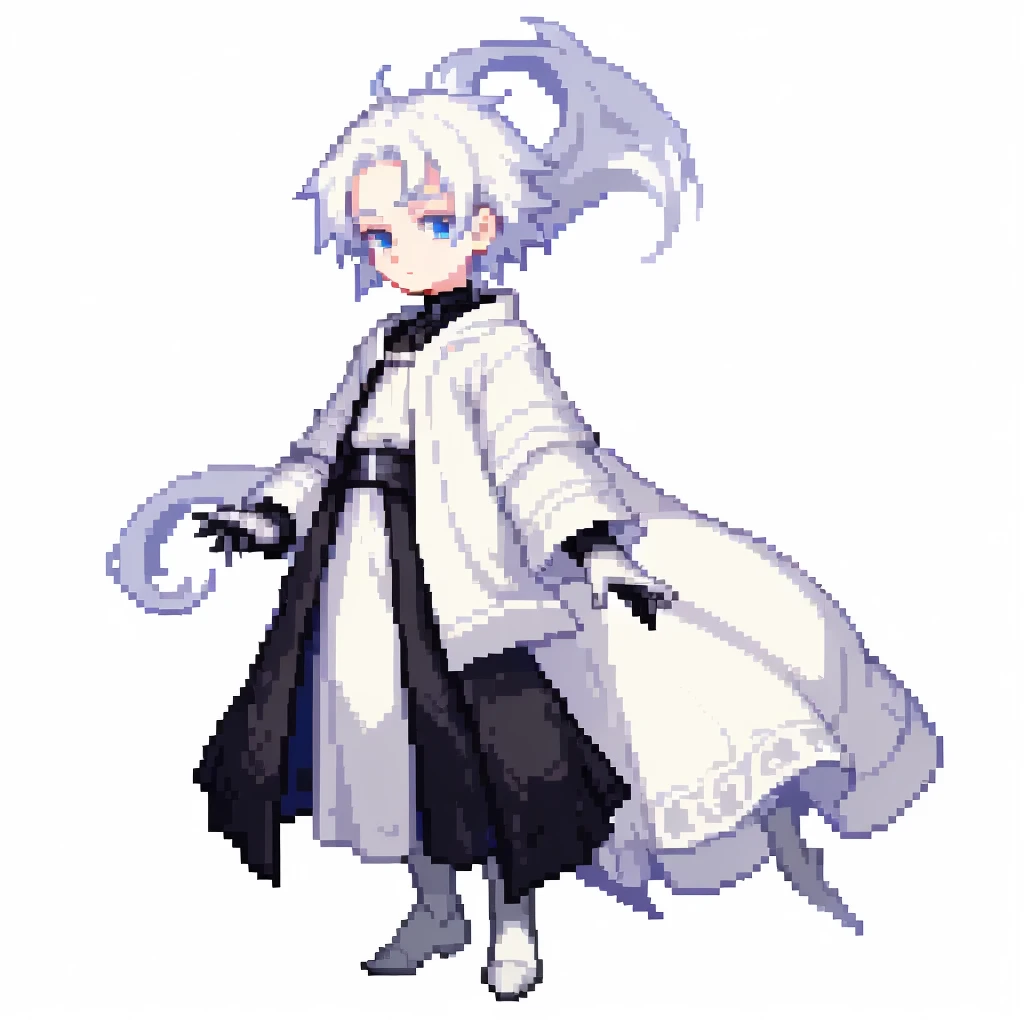 masterpiece , best quality , pixel art , 1 boy , Clothes of the nobility of the Middle Ages ,Wearing black clothing, full body , white background,A well-bred beautiful boy , White hair, pale blue eyes , The year is 15 years old 