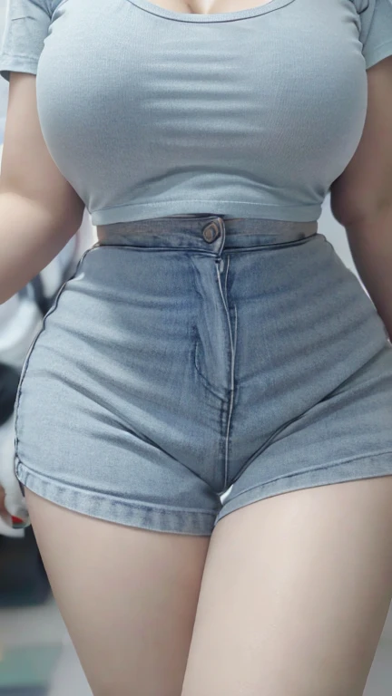 (8K, best quality, masterpiece, Golden Ratio Composition,:1.3), (40-year-old plump Korean woman), (Obese body), (Legs close-up), (Thick thighs), (Snow-white long legs), (Wearing a gray T-shirt:1.2), (Huge breasts), (Big thick legs), (Short jeans), Soft face line, Gentle and beautiful, (Silver short hair),